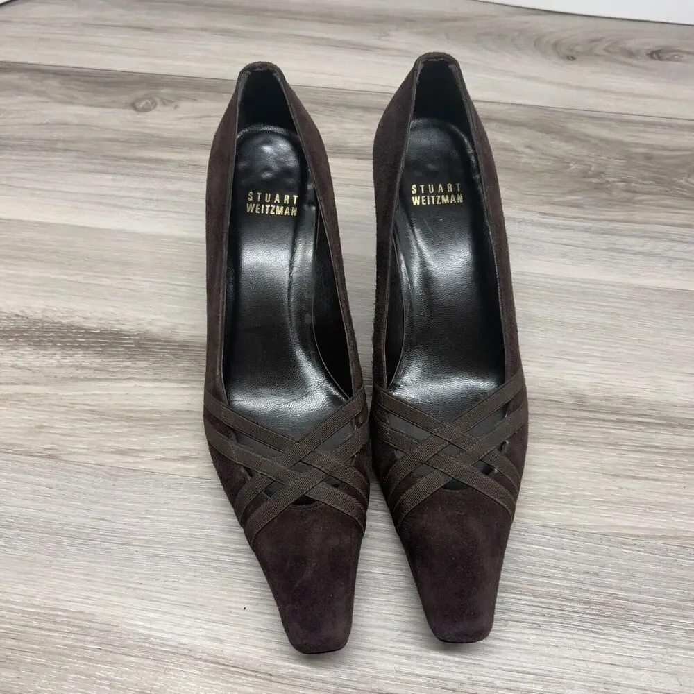 STUART‎ WEITZMAN pumps 6.5 M Dark Brown Strappy Suede Leather Pumps Kitten Heels